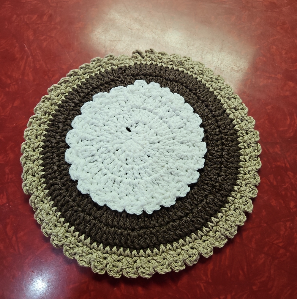 Handmade Crochet Round Trivet - White, Brown & Tan 9 Chocolate Pie Hot Pad